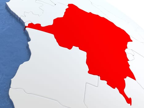 Map of Democratic Republic of Congo on globe with metallic land and realistic water. 3D illustration
