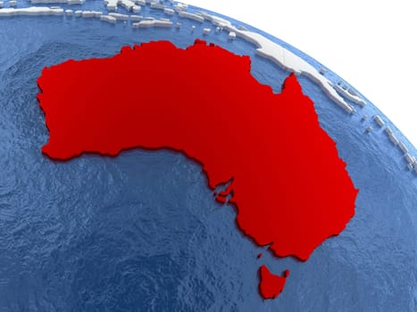 Map of Australia on globe with metallic land and realistic water. 3D illustration