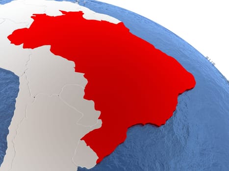 Map of Brazil on globe with metallic land and realistic water. 3D illustration