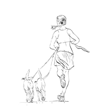 Sporty woman runner with dogs hands drawn vector illustration.