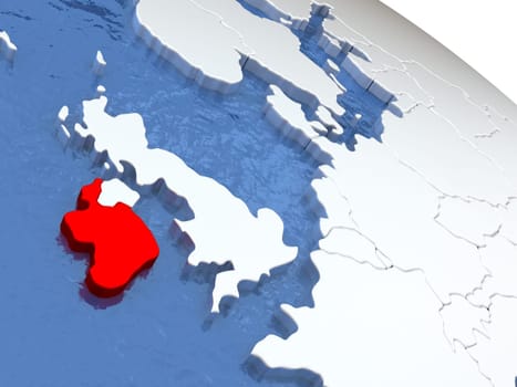 Map of Ireland on globe with metallic land and realistic water. 3D illustration