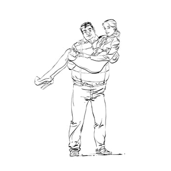A fat rich guy with a young girlfriend on his hands hands drawn vector illustration. The unequal marriage