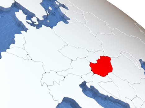 Map of Hungary on globe with metallic land and realistic water. 3D illustration