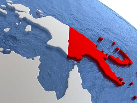 Map of Papua New Guinea on globe with metallic land and realistic water. 3D illustration