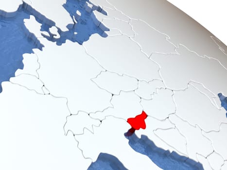 Map of Slovenia on globe with metallic land and realistic water. 3D illustration