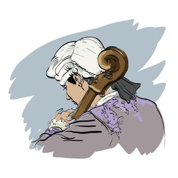 Musician cellist in a retro wig hands drawn vector illustration. Classical music. Musician of the Renaissance