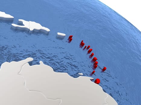 Map of Caribbean on globe with metallic land and realistic water. 3D illustration