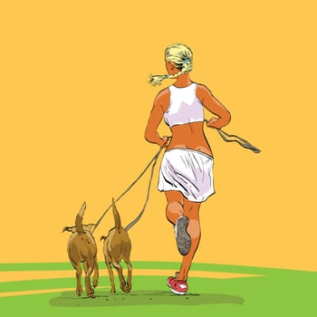 Sporty woman runner with dogs hands drawn vector illustration.