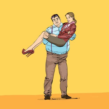 A fat rich guy with a young girlfriend on his hands hands drawn vector illustration. The unequal marriage