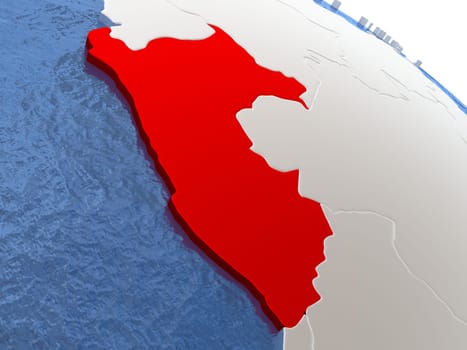 Map of Peru on globe with metallic land and realistic water. 3D illustration