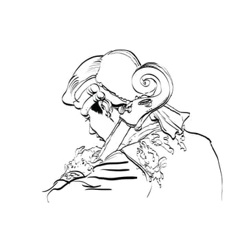 Musician cellist in a retro wig hands drawn vector illustration. Classical music. Musician of the Renaissance