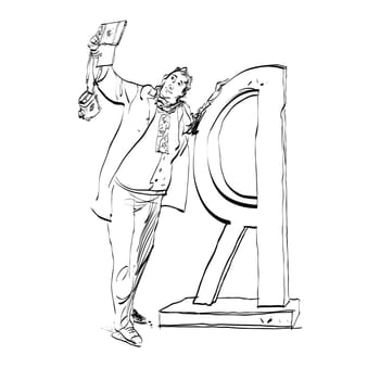 Selfie male photographed near the Russian letter I hands drawn vector illustration. Taking pictures of themselves