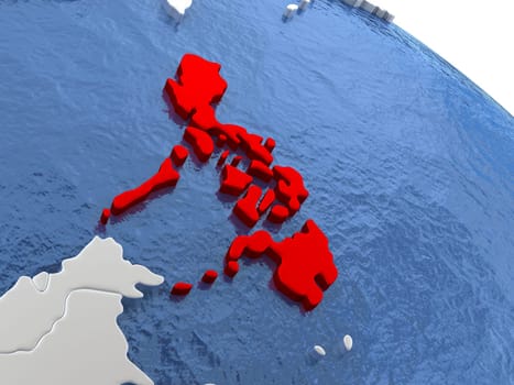 Map of Philippines on globe with metallic land and realistic water. 3D illustration