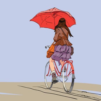 Girl on bike with umbrella autumn rain hands drawn vector illustration. Beautiful woman symbol of loneliness and sadness. A cyclist rides on the road