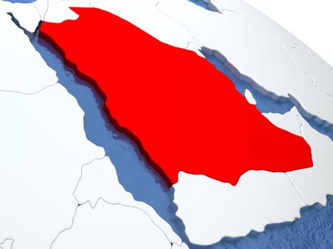 Map of Saudi Arabia on globe with metallic land and realistic water. 3D illustration