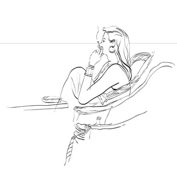 Lady smokes on the seafront hands drawn vector illustration. The rest of the sea