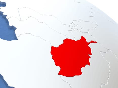 Map of Afghanistan on globe with metallic land and realistic water. 3D illustration
