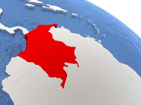 Map of Colombia on globe with metallic land and realistic water. 3D illustration