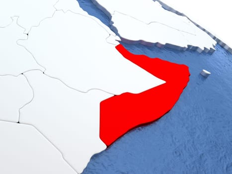 Map of Somalia on globe with metallic land and realistic water. 3D illustration