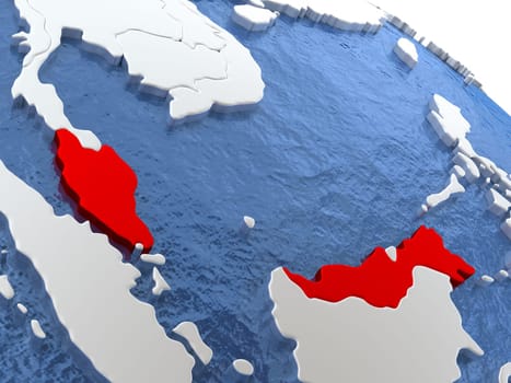 Map of Malaysia on globe with metallic land and realistic water. 3D illustration