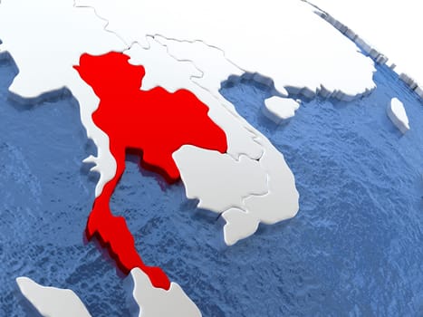 Map of Thailand on globe with metallic land and realistic water. 3D illustration