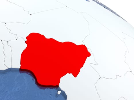 Map of Nigeria on globe with metallic land and realistic water. 3D illustration