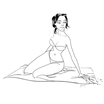 Beautiful girl on beach in bikini hand drawing illustration comic. A woman sunbathes by the sea. African-American or latina, brunette.