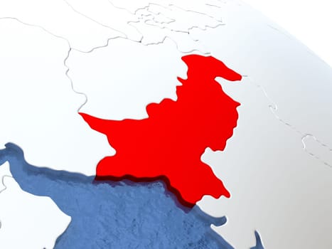 Map of Pakistan on globe with metallic land and realistic water. 3D illustration