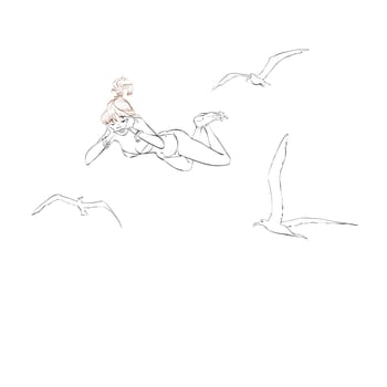 Young woman in swimsuit soars with seagulls, line art vector illustration. The rest of the sea. Dream vacation