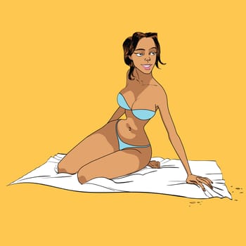 Beautiful girl on beach in bikini hand drawing illustration comic. A woman sunbathes by the sea. African-American or latina, brunette.