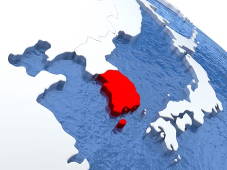 Map of South Korea on globe with metallic land and realistic water. 3D illustration