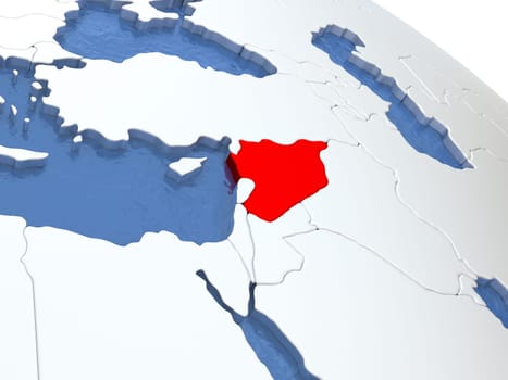 Map of Syria on globe with metallic land and realistic water. 3D illustration
