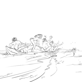 happy people having fun on banana boat, hand drawing illustration comic. The rest of the sea. Water attraction