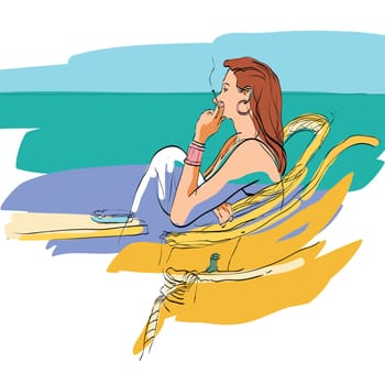 Lady smokes on the seafront hands drawn vector illustration. The rest of the sea