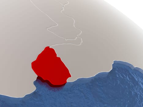 Map of Uruguay on globe with metallic land and realistic water. 3D illustration
