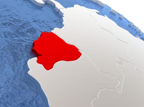 Map of Ecuador on globe with metallic land and realistic water. 3D illustration