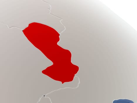 Map of Paraguay on globe with metallic land and realistic water. 3D illustration