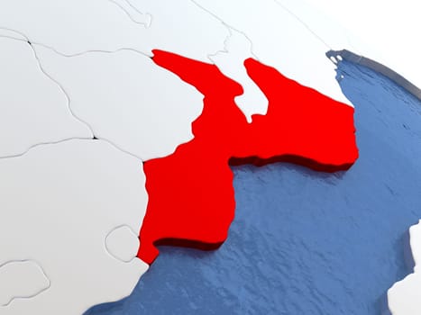 Map of Mozambique on globe with metallic land and realistic water. 3D illustration