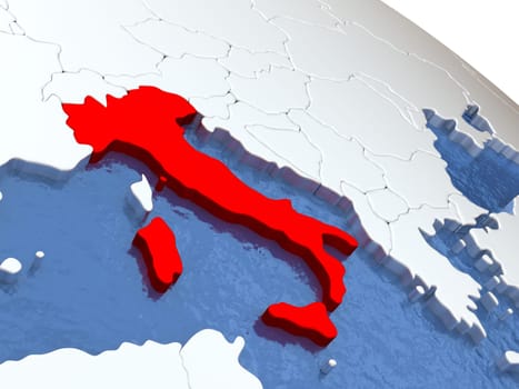 Map of Italy on globe with metallic land and realistic water. 3D illustration