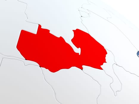 Map of Zambia on globe with metallic land and realistic water. 3D illustration