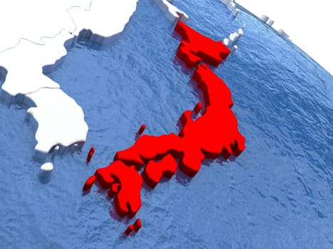 Map of Japan on globe with metallic land and realistic water. 3D illustration
