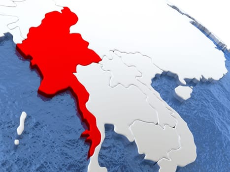 Map of Myanmar on globe with metallic land and realistic water. 3D illustration