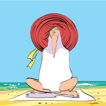 Young woman on the beach, relaxation and meditation. Tourism and travel to the sea