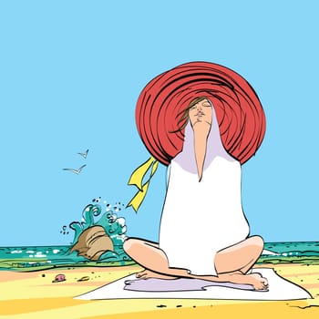 Young woman resting on the beach in a storm. Hand drawn vector illustration. Beach shore