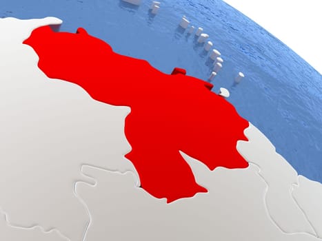 Map of Venezuela on globe with metallic land and realistic water. 3D illustration