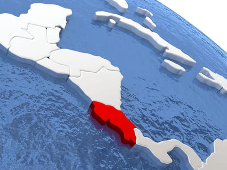 Map of Costa Rica on globe with metallic land and realistic water. 3D illustration