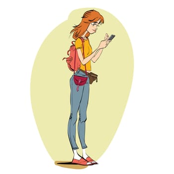 Young woman looking at smartphone. Navigation map or the game. Girl search virtual locations