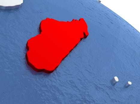 Map of Madagascar on globe with metallic land and realistic water. 3D illustration