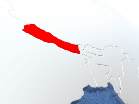 Map of Nepal on globe with metallic land and realistic water. 3D illustration
