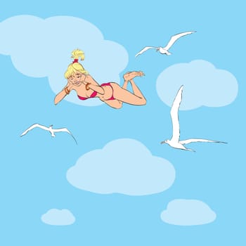Young woman in swimsuit soars with seagulls, line art vector illustration. The rest of the sea. Dream vacation